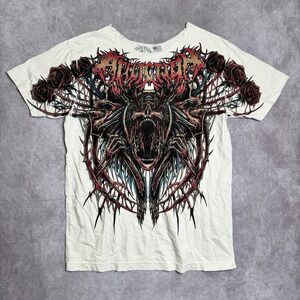 Affliction Shirt Mens L Beige Skull Rose Graphic Grunge Y2K **neckline Removed